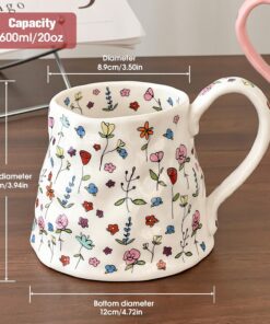 Alternative view of Large Ceramic Coffee Mug Cute Flower with Handmade Big Handle, 20oz Girly Pink Floral Tea Cup for Women Valentine Gift, Novelty Irregular Oversized Christmas Mugs for Latte Tea Milk Cocoa
