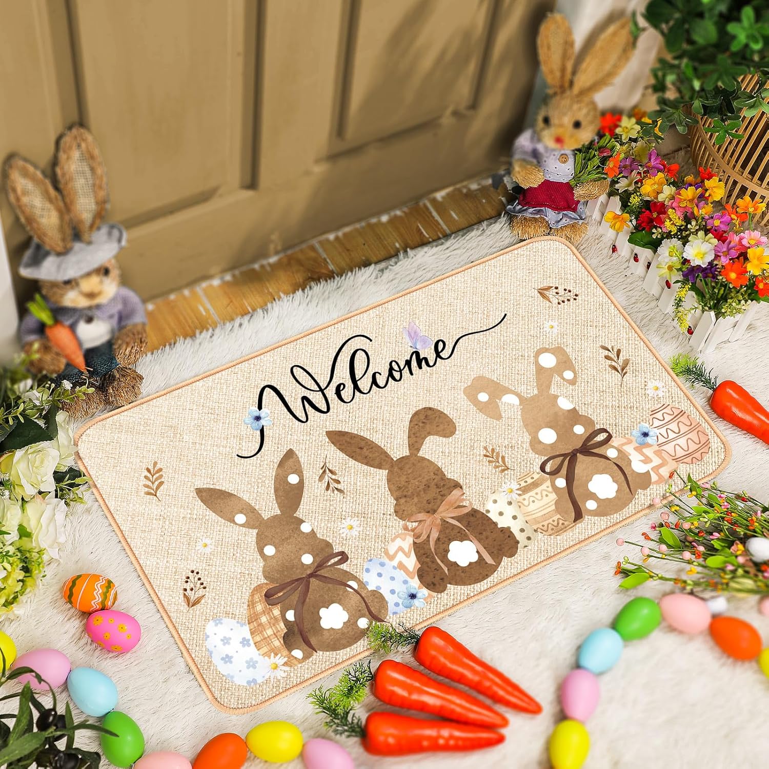 Zhanmai Welcome Mats Door Mat Indoor Entrance Cute Decorative Outdoor Doormats Non Slip Outside Door Mats for Front Door Spring Rugs, 16" x 28"(Rabbit)