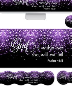 Black Gaming Mouse Pad, Extended Large Mouse Pads, Ergonomic Memory Foam Keyboard Wrist Rest Support & Non-Slip Mouse Wrist Rest for Laptop Desk Writing Pad Purple Glitter Psalm 46:5 Office Desk Mat