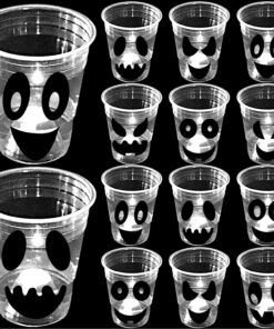 mishunyus 24 Pack Glow Halloween Ghost Cups Party Supplies, Available for Night Daytime, White Ghosts Face Party Cup, Holiday Spooky Trick or Treat Design (16 oz)