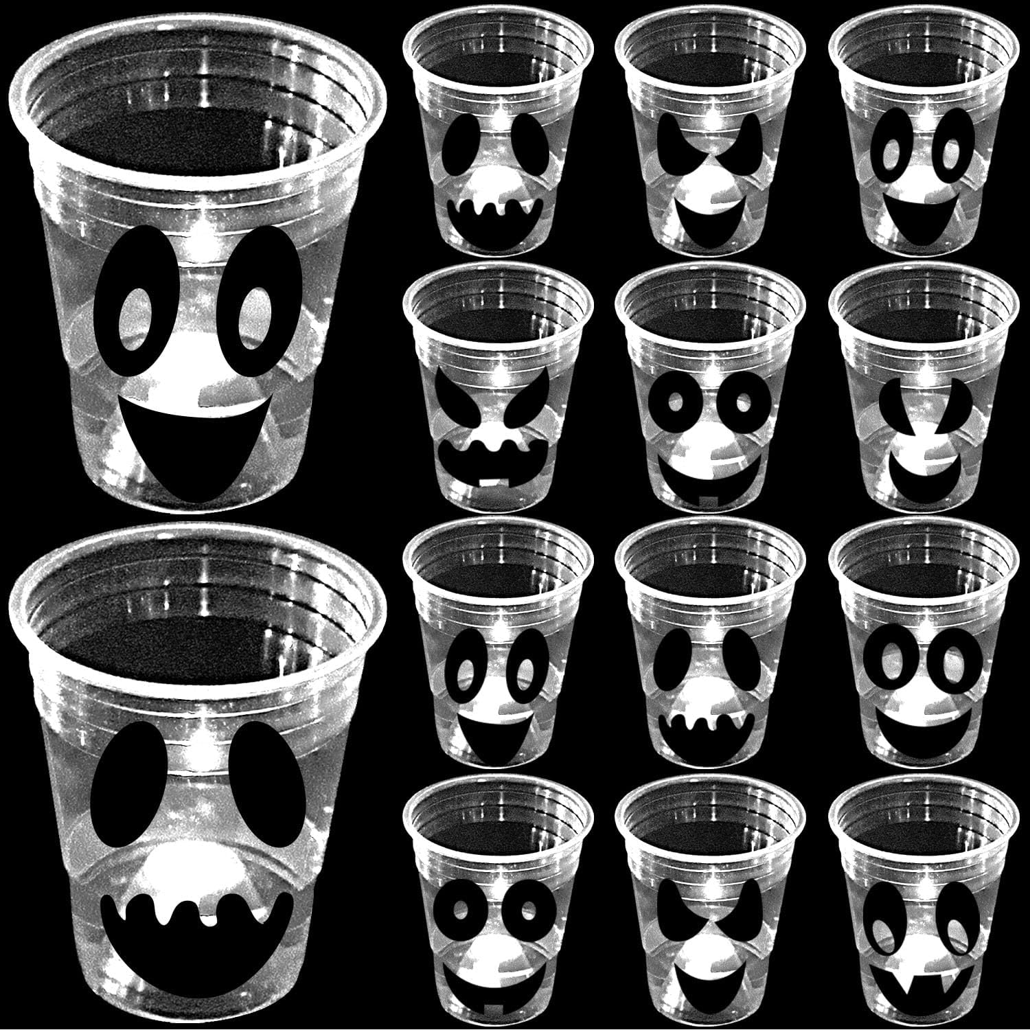 mishunyus 24 Pack Glow Halloween Ghost Cups Party Supplies, Available for Night Daytime, White Ghosts Face Party Cup, Holiday Spooky Trick or Treat Design (16 oz)