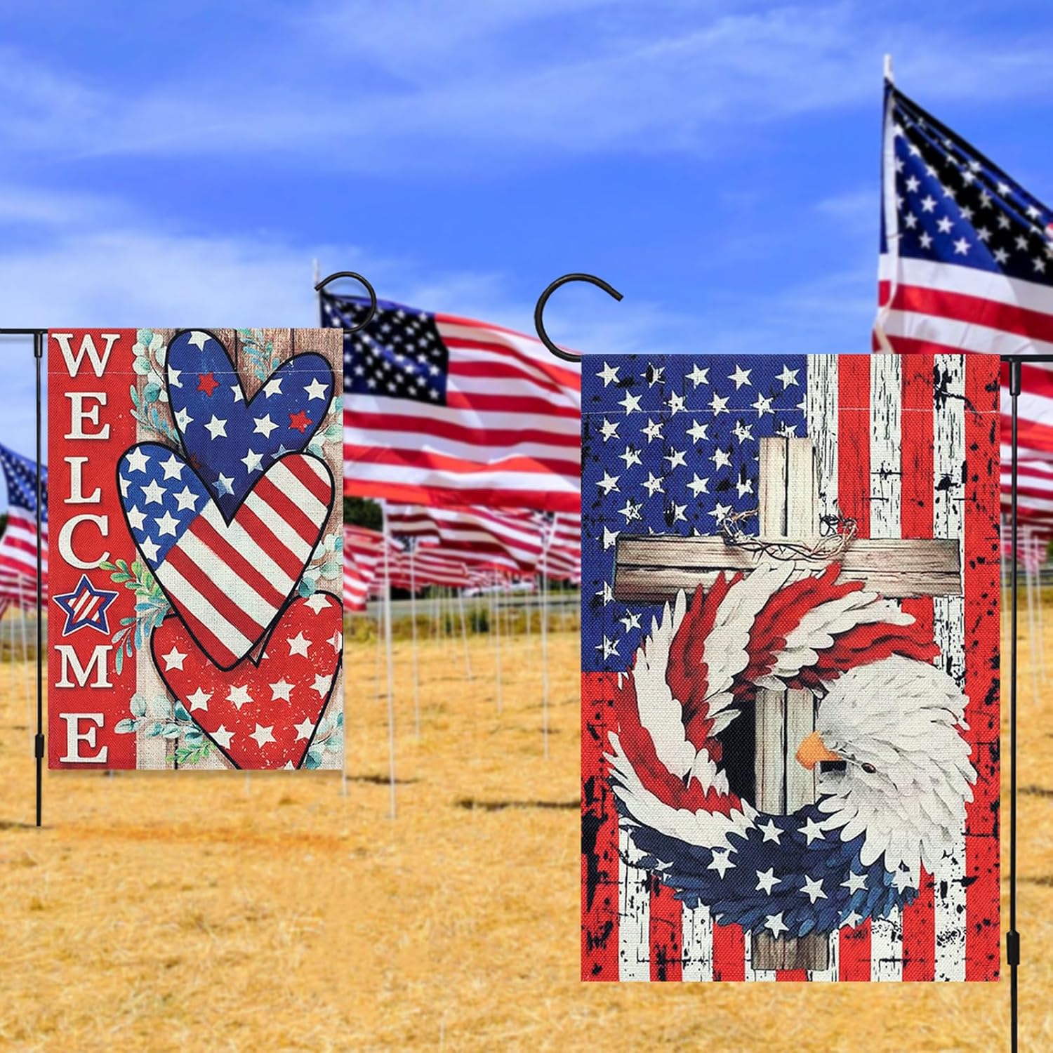 2 Pack 4th of July Patriotic Welcome Garden Flag 12 x 18 Inch Double Sided Vertical Burlap Stars and Stripes Eagle Wreath Garden Flag for Memorial Day Independence Day Outdoor Yard Decoration - Image 7
