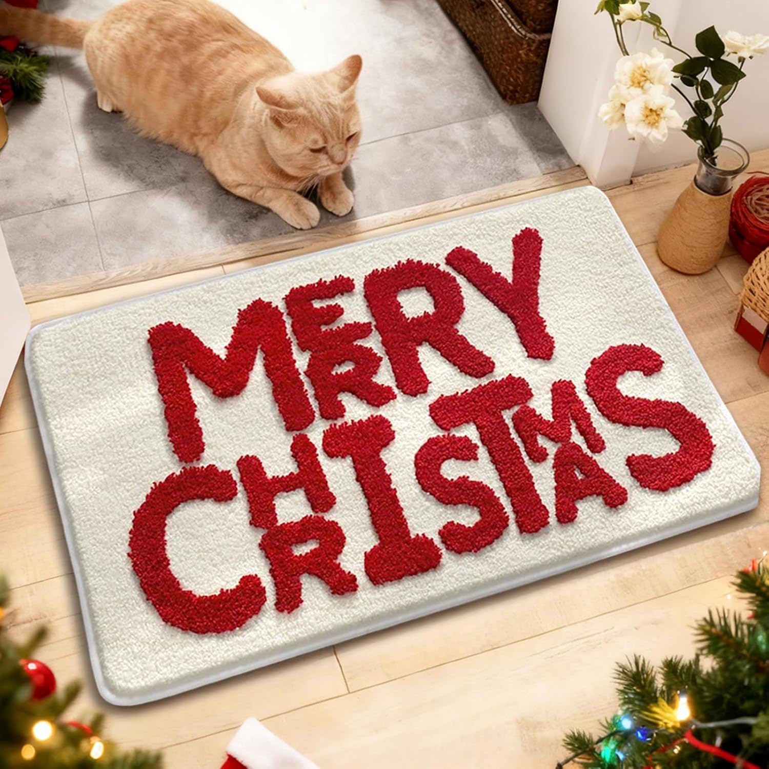 OFDNE Chirstmas Door Mat Cute Merry Christmas Welcome Doormat 24 * 16 Inch Xmas Welcome Mats Rug for Front Beige Winter Holiday Mat with Letter Designs for Indoor Outdoor Home Parte Decorations - Image 7