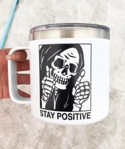 Alternative view of EXIGENT Funny Stay Positive Skull Coffee Tea Cup Mug Collectible 14Oz Ounces Birthday Gifts Decorations (SKULL)