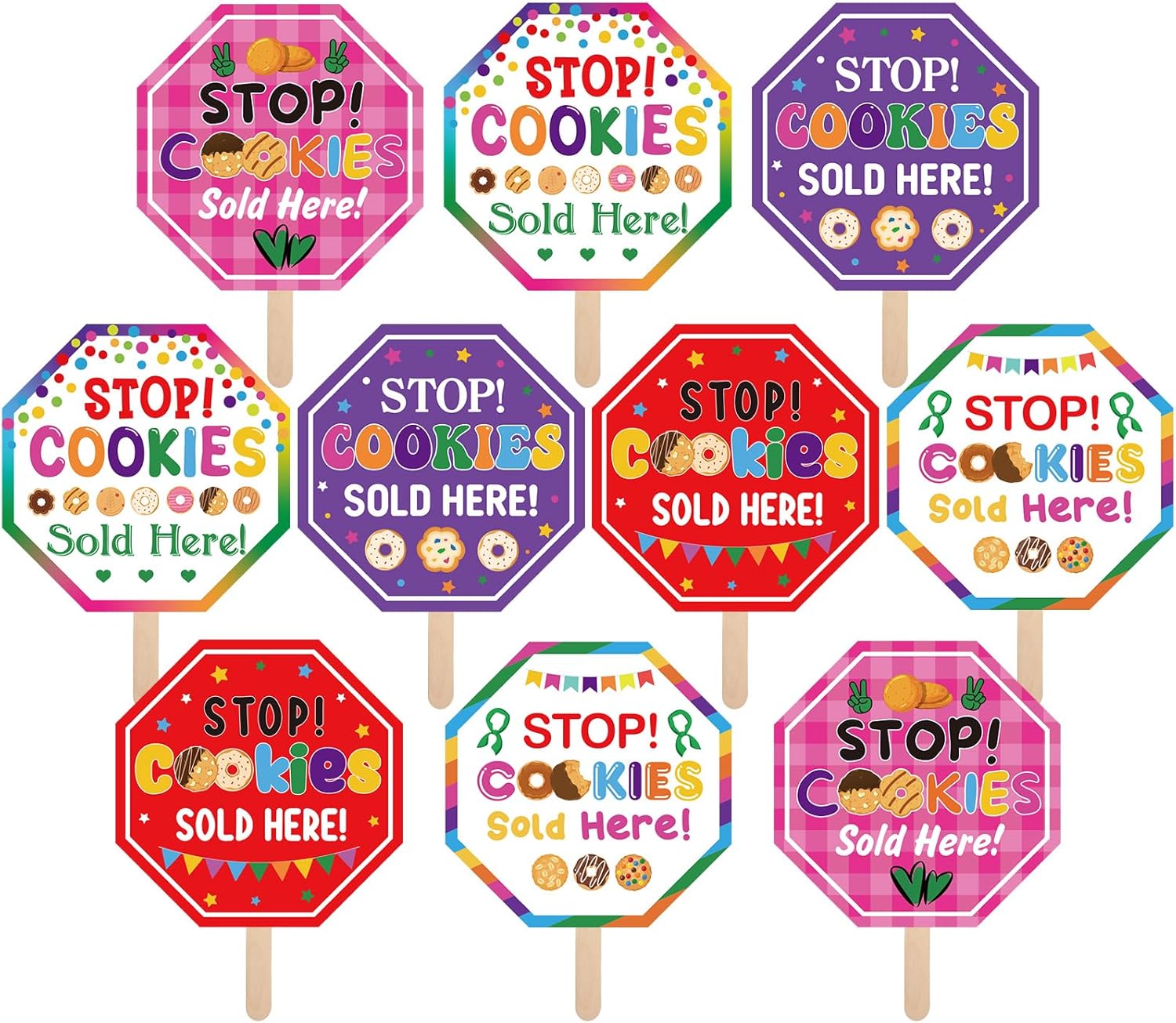 Bucherry 10 Pack Stop Cookies Sold Here Signs 10 x 10?? Stop Here To Buy Cookies Sign with Handheld Stick for Troop Member Booth Outdoor Advertising Supplies Decor