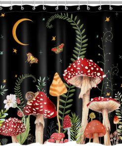 EOBTAIN Mushroom Shower Curtain Retro Mushrooms Butterfly Floral Boho Moon Starry Night Sky Botanical Wildflowers Green Plant Aesthetic Bathroom Curtain 69x70Inch Waterproof Fabric Durable 12 Hooks