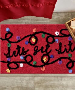 RoomTalks Let??s Get Lit Christmas Lights Bath Mat Non Slip Machine Washable, 16x24 Cute Red Cheer Festive Seasonal Xmas Holiday Bath Rugs Mat for Bathroom Christmas Decorations Gift
