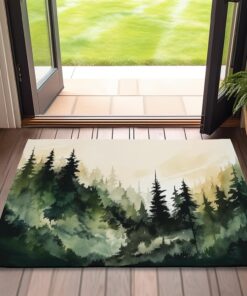 Forest Door Mats Outdoor Entrance,Watercolor Mountain Tree Doormat 17 X 30 Inch Waterproof All-Season Low-Profile Front Mat for Indoor Floor Home Entryway