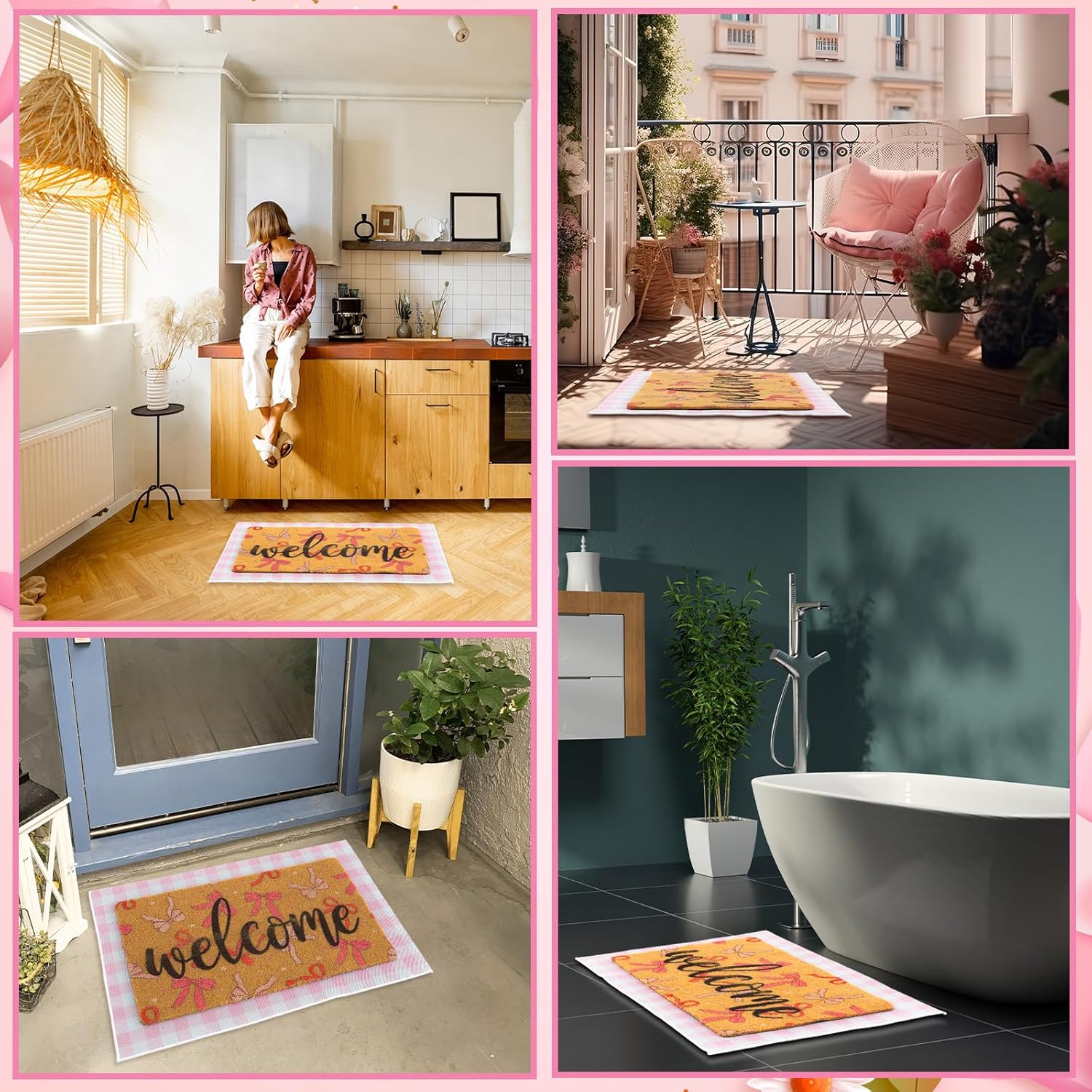 Tinideya 2 Pcs Pink Bow Welcome Doormat 23x35 in Layered Buffalo Plaid Carpet Coquette Non Slip Pink Bow Bathroom Mat Coir Mats Cute for Entrance Porch Indoor Outside Home Decor Gift Supplies - Image 7