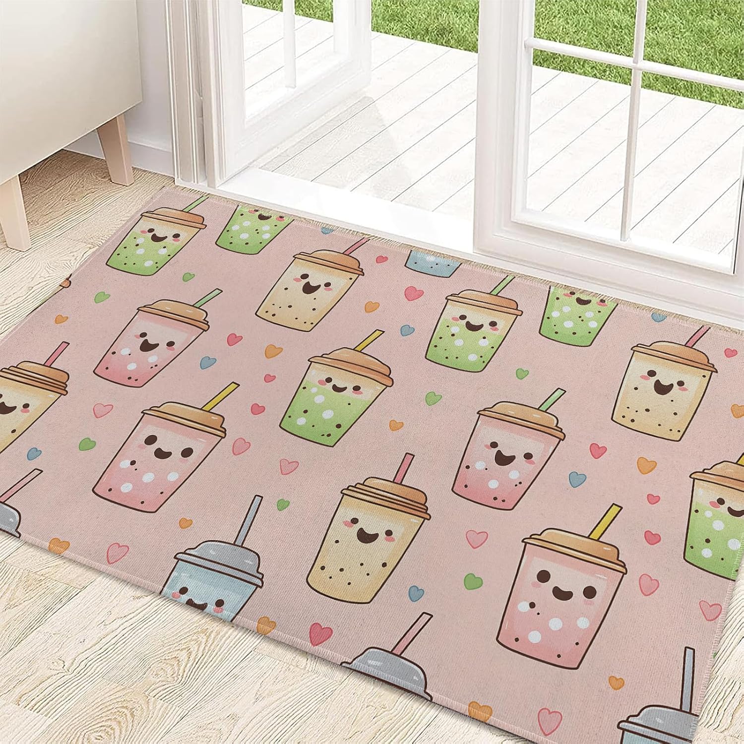 ainori Bubble Tea Indoor Door Mat 29.5x17in,Non Slip Backing Cute Smiling Faces Pink Floor Mat,Non Woven Entryway Rug,Welcome Mats Decor,for Entrance Inside Porch Bedroom Kitchen,Doormats Gifts