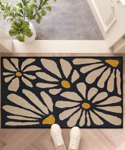 Denifeiya Black Floral Door Mat Funny Cartoon Outdoor Indoor Welcome Mats Cute Front Doormat Non Slip Entrance Rugs for Inside Outside Entry Porch Bathroom Mats 17" x 30" Easy to Clean