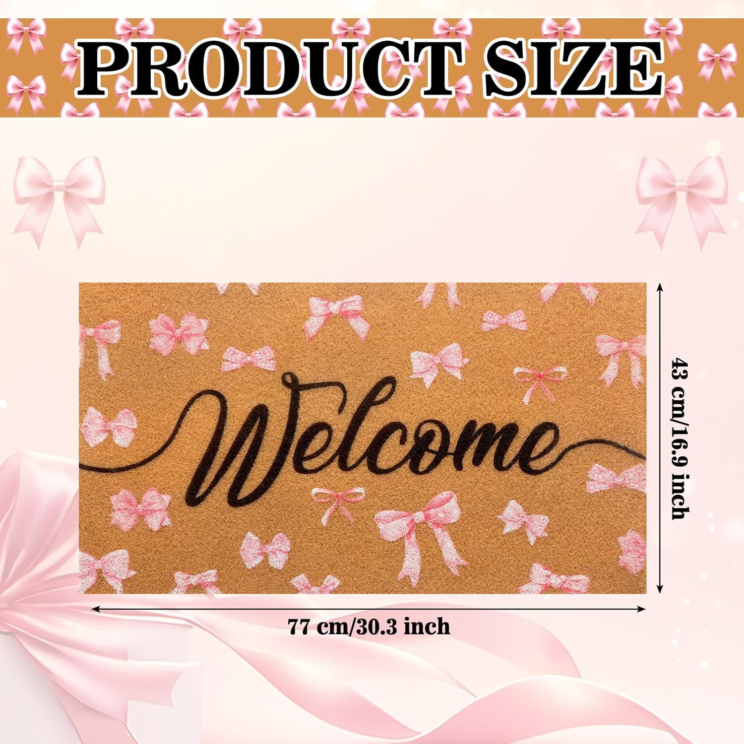 Tinideya Pink Bow Nature Coir Doormat Outdoor Cute Welcome Mats Non Slip Coquette Pink Bow Mat for Front Door Porch Coquette Party Outdoor Entryway Decor, 17 x 30 Inch(Black Welcome) - Image 3