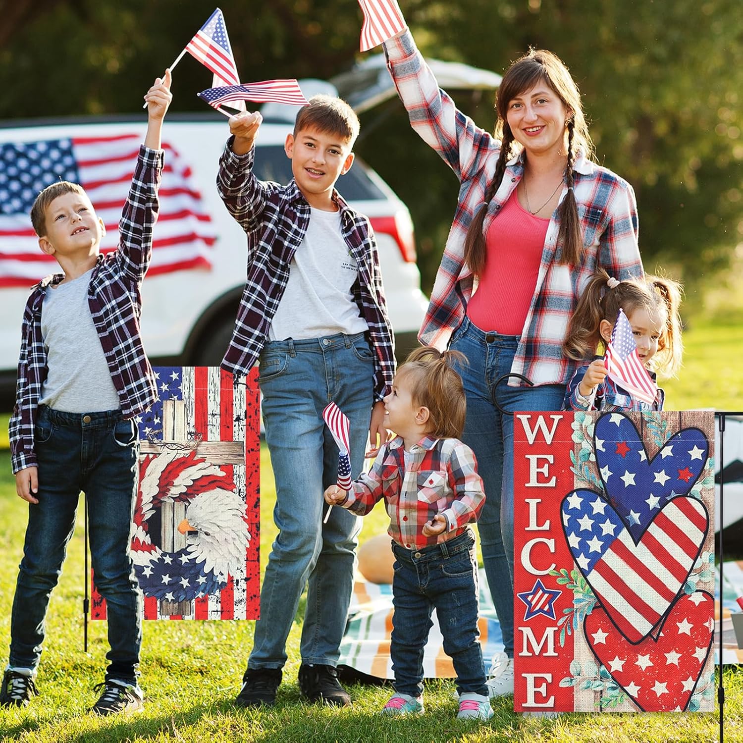 2 Pack 4th of July Patriotic Welcome Garden Flag 12 x 18 Inch Double Sided Vertical Burlap Stars and Stripes Eagle Wreath Garden Flag for Memorial Day Independence Day Outdoor Yard Decoration - Image 4