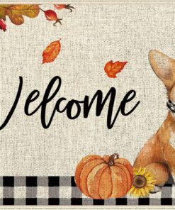 Dlzdn Welcome Fall Dog Pumpkin Door Mat Corgi Doormat Seasonal Non-Slip Rubber Backed Entryway Rugs for Indoor Outdoor Entrance Floor 16 x 30 Inch