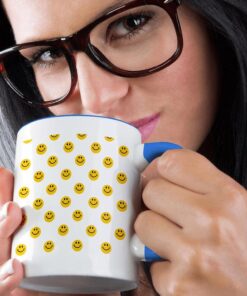 Alternative view of 3dRose mug_76655_6 "Yellow Smiley Face pattern - Cute Traditional Happy Smilies - 1960s Hippie style smiling smileys" Two Tone Blue Mug, 11 oz, Multicolor