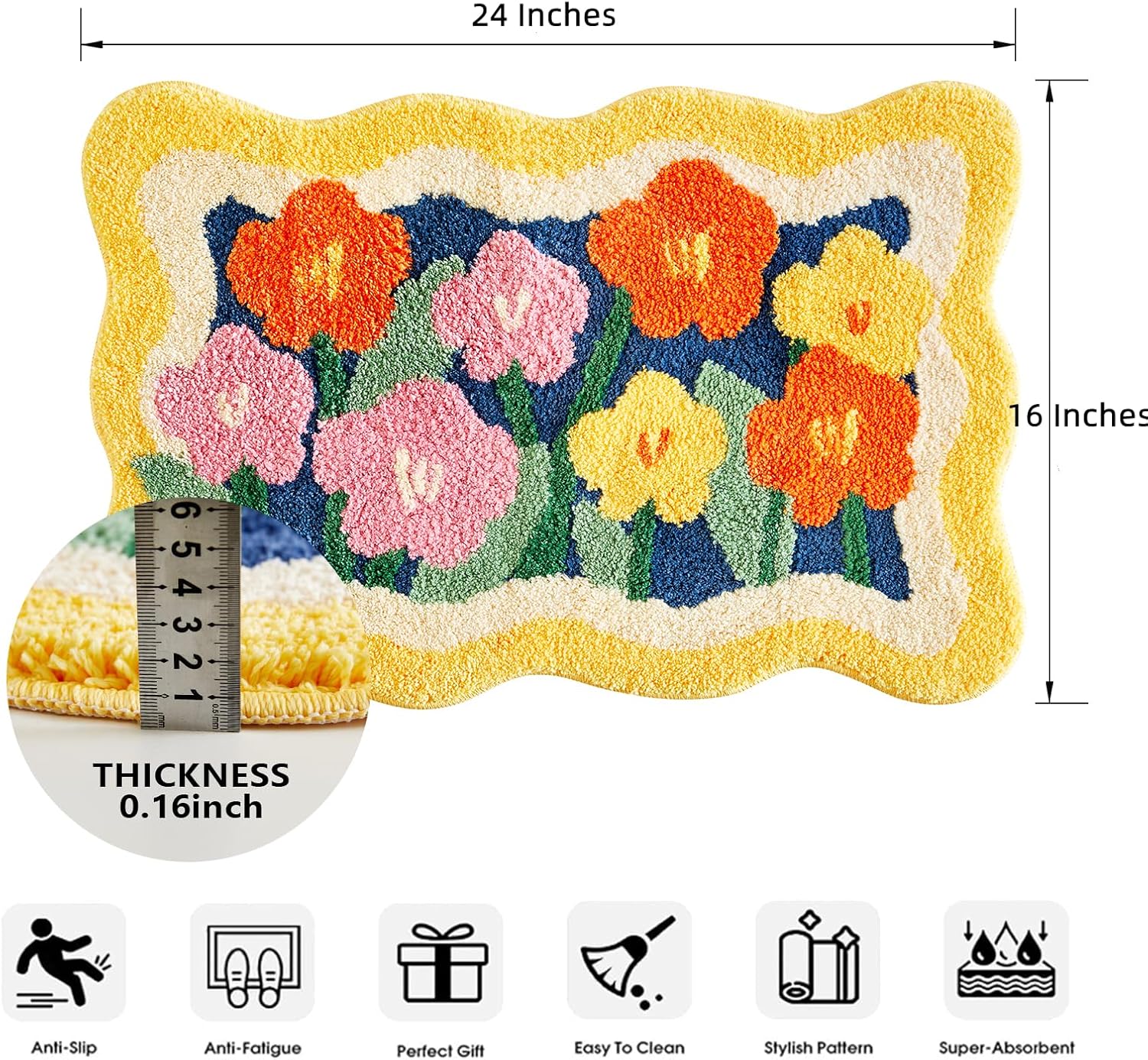 Aldopein Boho Floral Bath Mat 16''W x 24''L Non Slip Washable Cute Colorful Flower Daisy Bathroom Rug Water Absorbent, Vibrant Fluffy Shaggy Microfiber Shower Floor Mat Bath Rug for Bathroom - Image 2