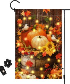 Fall Thanksgiving Pumpkin Garden Flag with LED Lights, Halloween 12 x 18 Inch Double Sided Vertical Burlap Cardinals Bird Fall Garden Flag for Seasonal Holiday Outdoor Yard Decoration