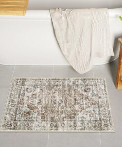 Uphome Boho Bathroom Rugs, Distressed Farmhouse Khaki Bath Mat, Comfy Velvet Small Bath Rugs Non Slip Washable, Vintage Oriental Toilet Rug for Sink Shower Vanity, 18x26 inch