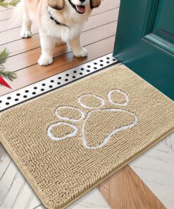 OLANLY Dog Door Mat for Muddy Paws 24x16, Paw Print Design, Absorbs Moisture and Dirt, Absorbent Non-Slip Washable Doormat, Quick Dry Chenille Mud Mat for Dogs, Entry Indoor Entryway Carpet, Beige