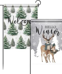 Hahafelt 2 Pcs Winter Garden Flags for Outside, 12x18 Inch Double Sided Winter Yard Flags, Hello Reindeer and Welcome Christmas Tree Design, Small Holiday Garden Flag for Rustic Outdoor Decor