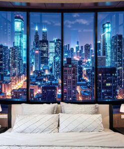 Lifeella City Night Window Tapestry, Cyberpunk Skyscraper Wall Backdrop, Blue Neon Urban View Mural for Bedroom Living Room Decor, 36x48 inches