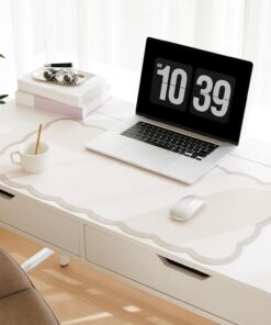 Scalloped Desk Mat, 31.5" x 15.7" Large Cute Beige Khaki Aesthetic Desk Accessories, PU Leather Computer Laptop Desk Mat Mouse Keyboard Pad, Desk Writing Makeup Mat for Vanity/Work/Home Decor