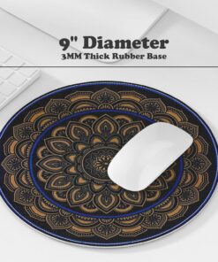 Alternative view of Performore Round Mandala Mouse Pad - Gold and Blue Pattern, 9" Diameter, 3MM Thick Non-Slip Rubber Base, Stitched Edge - Computer Gaming Desk Accessories for Home Office