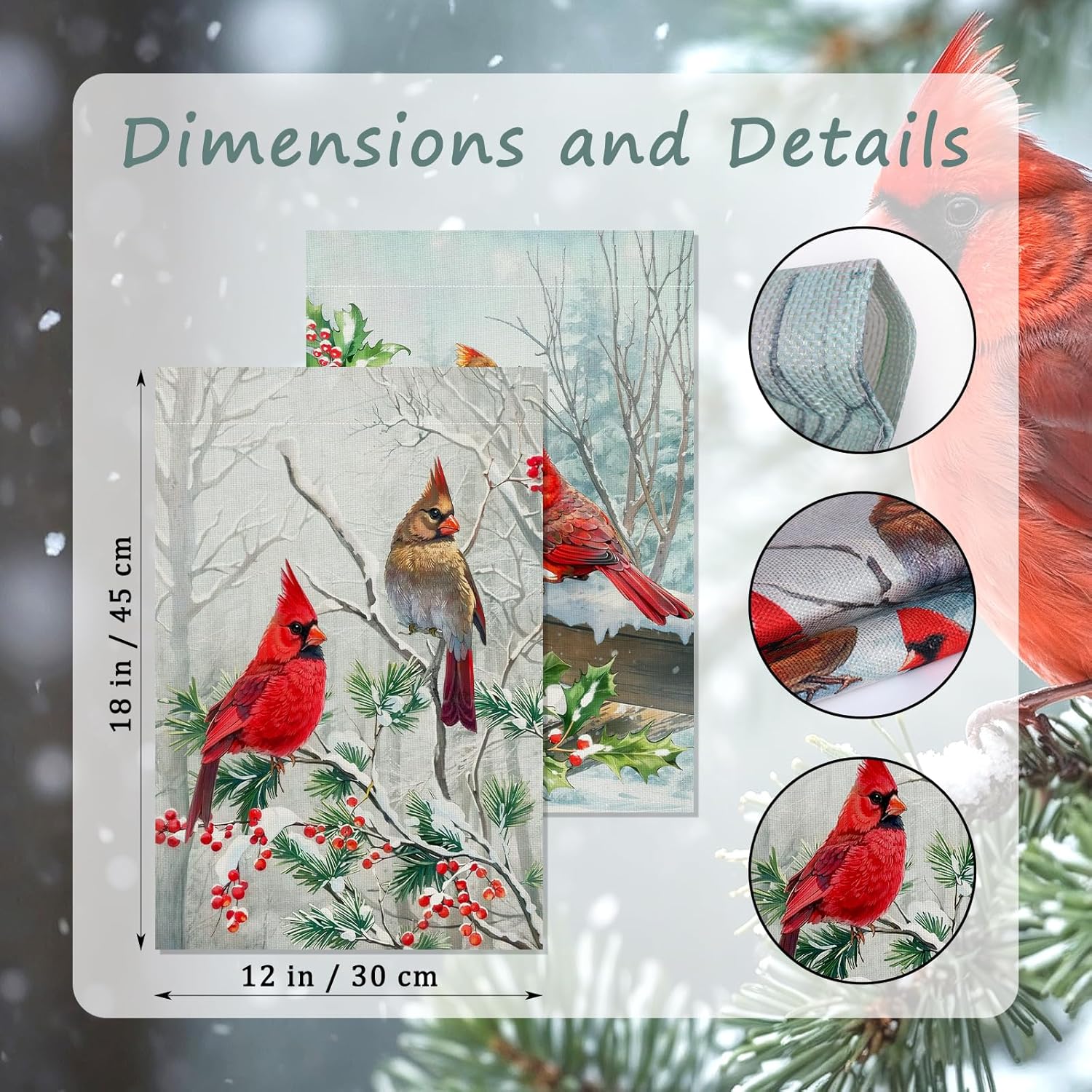 2 Pack Winter Cardinal Bird Garden Flags 12x18 Inch Double Sided Trees Snow Christmas Yard Flag Burlap Red Birds Welcome Garden Flag for Outdoor Yard Party Home Christmas Decoration - Image 2