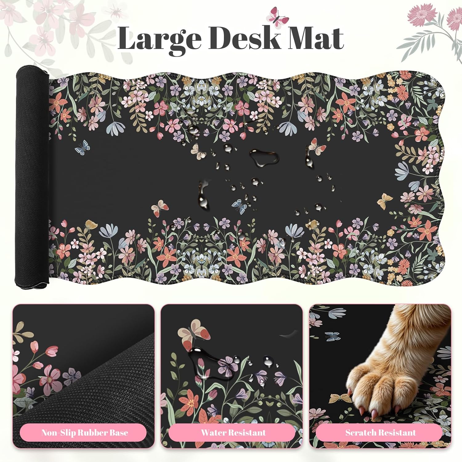 iLeadon Floral Desk Cover Mat Cute, Ergonomic Mouse Pad and Keyboard Wrist Rest, Smooth Mouse Pad Set, Non Slip Scalloped Desk Pad Mat for Keyboard and Mouse Set Women Aesthetics(Black) - Image 5
