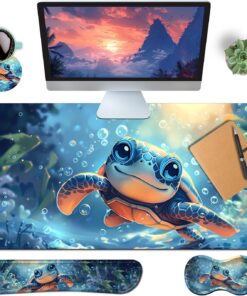 4-Piece Extended Large Mouse Pad Set for Women Men with Turtle Anime Design Includes 35.4 x 15.7 XXL Large Mouse Pad Keyboard Wrist Rest Mouse Wrist Support and Coaster for Office Home
