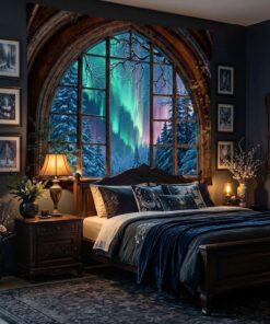 Alternative view of Lifeel Aurora Snowy Landscape Tapestry, Forest Winter Night Scenic Window Tapestries, Home Decor for Bedroom Living Room, 36x48 inches