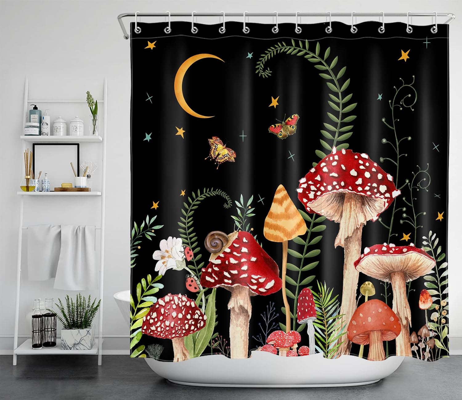 EOBTAIN Mushroom Shower Curtain Retro Mushrooms Butterfly Floral Boho Moon Starry Night Sky Botanical Wildflowers Green Plant Aesthetic Bathroom Curtain 69x70Inch Waterproof Fabric Durable 12 Hooks - Image 2