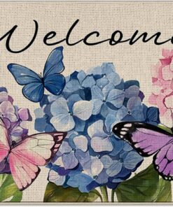 Livcoz Welcome Spring Summer Hydrangea Flower Decorative Front Door Mat, Floral Butterfly Doormat Indoor Outdoor Non-Slip Floor Entryway Rug, Seasonal Home Kitchen Decoration 17x29 Inch