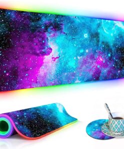 RGB Gaming Mouse Pad with Coffee Coaster, XXL Large Glowing LED Mousepad, Anti-Slip Rubber Base, Computer Keyboard Desk Mouse Mat 31.5 X 11.8 Inch - Blue Galaxy Nebula Universe Space