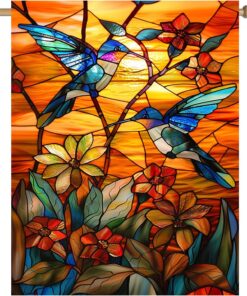 Stained Glass Hummingbird Garden Flag Spring Summer House Flag Fall Floral Decorative Yard Flags for Outside 28x40 Double Sided Large Seasonal Lawn Flags Rustic Outdoor Decor