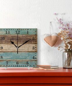 Alternative view of Wall Clock Teal Green Brown Retro Rustic Wood Texture Decorative Hanging Clock Silent Non Ticking Square Clock for Living Room Kitchen Bedroom Black20x20cm