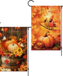 2 Pack Fall Thanksgiving Pumpkin Garden Flag Halloween 12 x 18 Inch Double Sided Vertical Burlap Cardinals Bird Fall Garden Flag for Seasonal Holiday Outdoor Yard Decoration