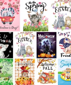 CDLong Welcome Cat Seasonal Garden Flags Set of 11 Double Sided 12 x 18 Inch Yard Flag,small garden flags for outside, Christmas Spring Seasonal Flag for Outdoor Holiday Decorations