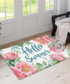 Summer Peony Welcome Indoor Door Mat, Flower Floral Outdoor Entrance Doormat for Entryway Kitchen Bathroom 17 X 29 Inch