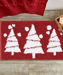 RoomTalks Red Christmas Tree Bath Mat Non Slip Washable, 16x24 Cute Festive Seasonal Winter Snowflake Woodland Pine Tree Xmas Snow Bath Rugs Mat for Bathroom Christmas Decorations