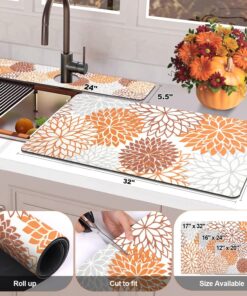 Alternative view of Findosom 2PCS 17" x 32" Fall Dish Drying Mat & 24" x 5.5" Sink Splash Guard, Super Absorbent & Cuttable Dish Mat Drying Kitchen Mat with Orange Floral, Hide Stain Drying Mat for Kitchen Counter