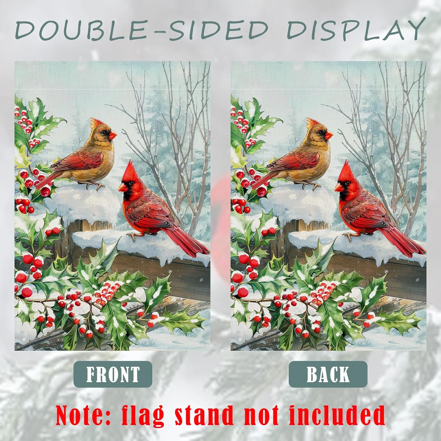 2 Pack Winter Cardinal Bird Garden Flags 12x18 Inch Double Sided Trees Snow Christmas Yard Flag Burlap Red Birds Welcome Garden Flag for Outdoor Yard Party Home Christmas Decoration - Image 3