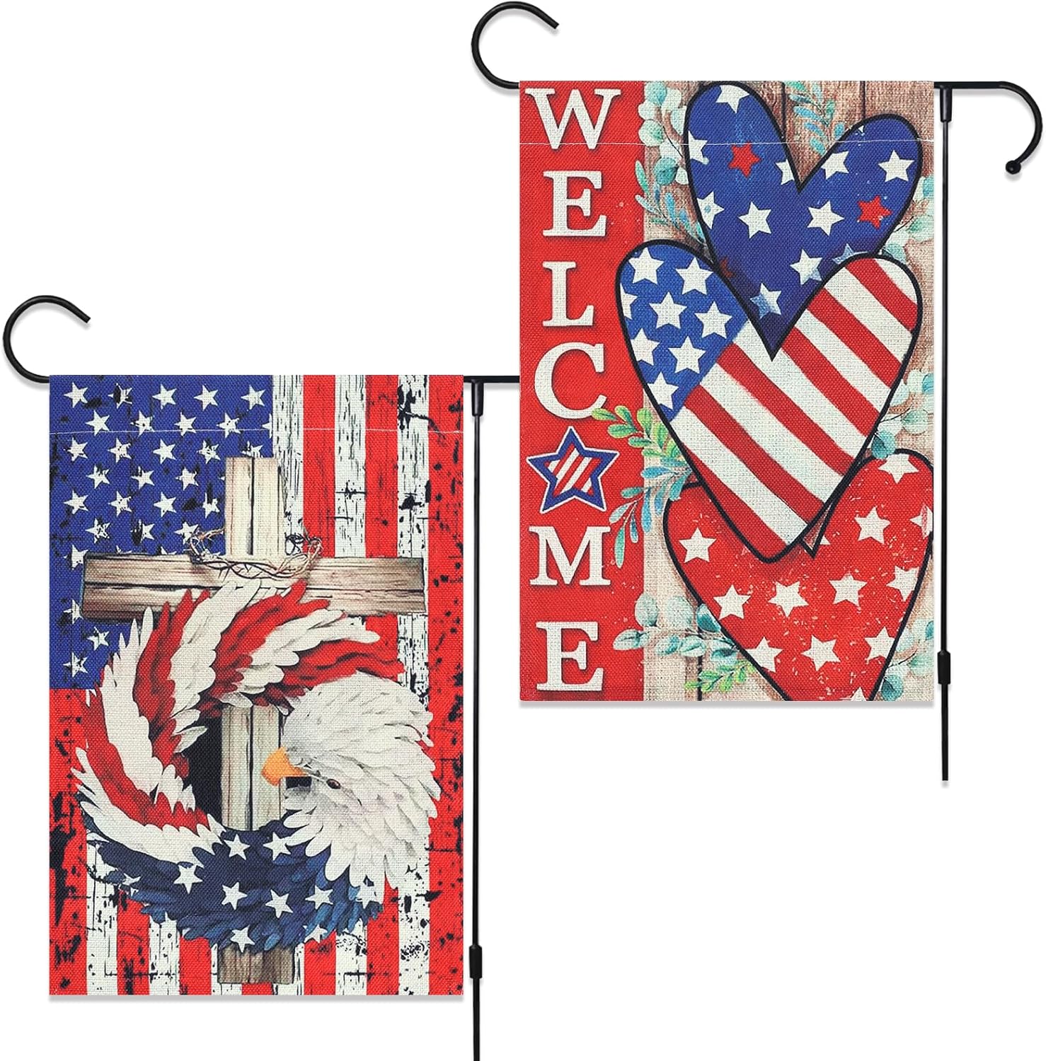 2 Pack 4th of July Patriotic Welcome Garden Flag 12 x 18 Inch Double Sided Vertical Burlap Stars and Stripes Eagle Wreath Garden Flag for Memorial Day Independence Day Outdoor Yard Decoration