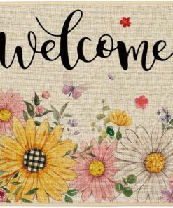 Baccessor Spring Summer Floral Welcome Doormat Outdoor Outside,Sunflower Daisy Flowers Door Mat Low-Profile Non-Slip Rubber Backing Entrance Front Seasonal Decoration 17x29 Inch