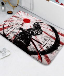Japanese Samurai Anime Bath Mat, Asian Cool Anime Red and Black Non Slip Absorbent Floor Rugs Quick Dry Soft Velvet Rugs Carpets, for Bathtub Bathroom Bedroom Kitchen, 17x29 Inch