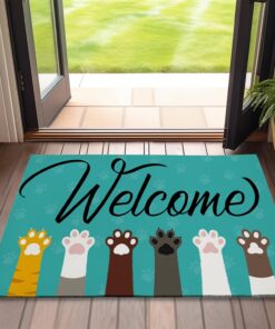 Welcome Cat Dog Paws Welcome Door Mat,Cute Cartoon Doormat for Outside Entrance Home Decor,Non-Slip Carpet Rugs with Felt Entryway Mat for Patio Indoor Front 17" x 30"