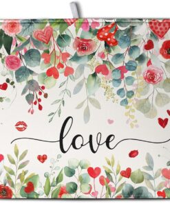 Wnoesat Valentines Day Love Heart Rose Eucalyptus Leaves Dish Drying Mat for Kitchen Counter 18x24 Inch Spring Valentine Microfiber Absorbent Dish Drainer Mats Reversible Drying Pad