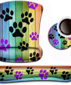 Keyboard Wrist Rest and Mouse Pad Wrist Support Set,Rustic Rainbow Woodgrain Black and Purple Dog Paw Ergonomic Gel Mouse Pad,Easy Typing Pain Relief,Keyboard Mousepad Set with Coasters