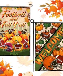 Boao 2 Pack Fall Football Welcome Garden Flags 12 x 18 Inch Double Sided Burlap Pumpkin Football Garden Flag for Thanksgiving Autumn Sport Birthday Party Decorations Outside Welcome Yard Sign Decor