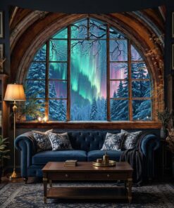 Lifeel Aurora Snowy Landscape Tapestry, Forest Winter Night Scenic Window Tapestries, Home Decor for Bedroom Living Room, 36x48 inches